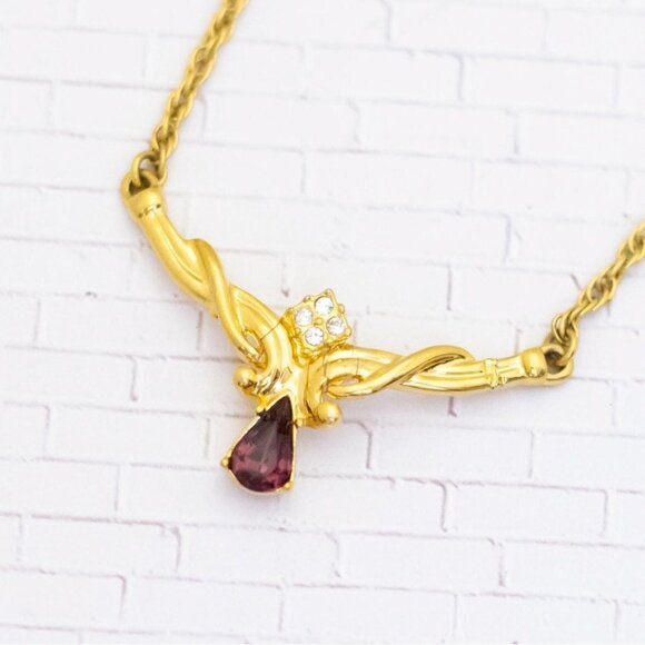 18 inch, Vintage Purple Teardrop Gold Tone Abstract Necklace - V26 - Picture 1 of 3